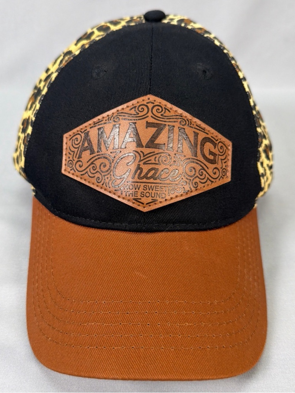 Amazing Grace Leopard Print Hat Leather Patch Boutique Western Cap